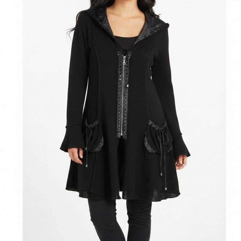 Goth Hooded Angora Wool Cardigan Coat M 40 Black Whimsigoth Dark Romantic Grunge